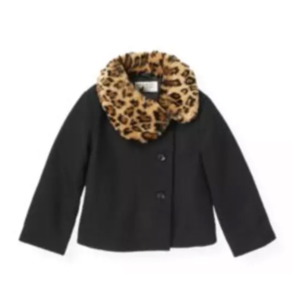 Janie and Jack || Black Wool Leopard Faux Fur Collar Cropped Pea Coat